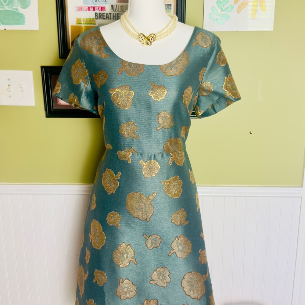 Ann Taylor Teal Dress with Gold Floral Accents